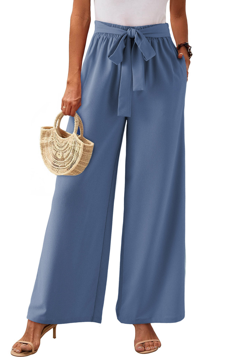 Sail Blue High Waisted Tie Front Side Pocket Wide Leg Flowy Casual Pants Pants & Culotte JT's Designer Fashion
