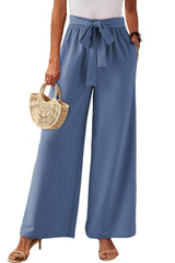 Sail Blue High Waisted Tie Front Side Pocket Wide Leg Flowy Casual Pants Pants & Culotte JT's Designer Fashion