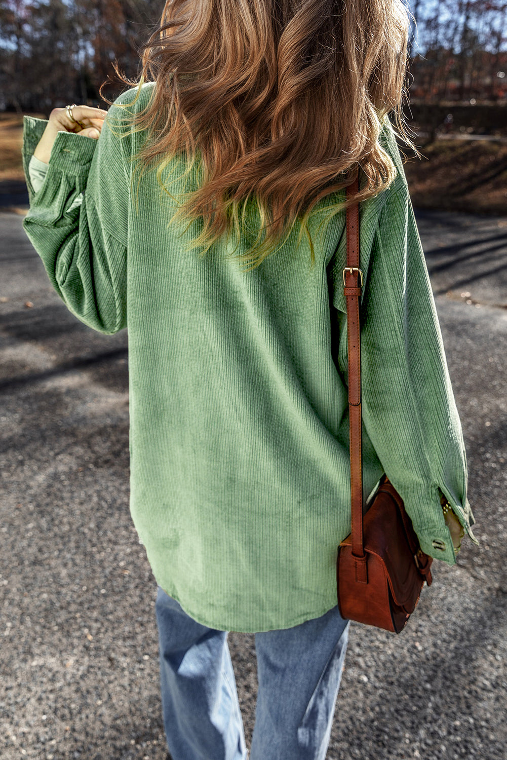 Mist Green Patched Pocket Button Up Corduroy Shacket Jackets JT's Designer Fashion