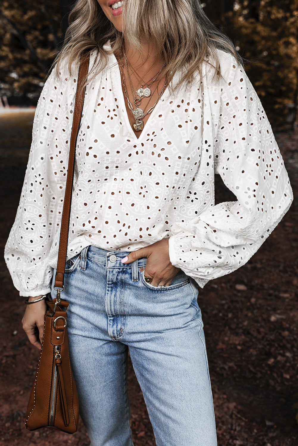 White Eyelet Embroidered Puff Sleeve V Neck Blouse White 100%Cotton Blouses & Shirts JT's Designer Fashion