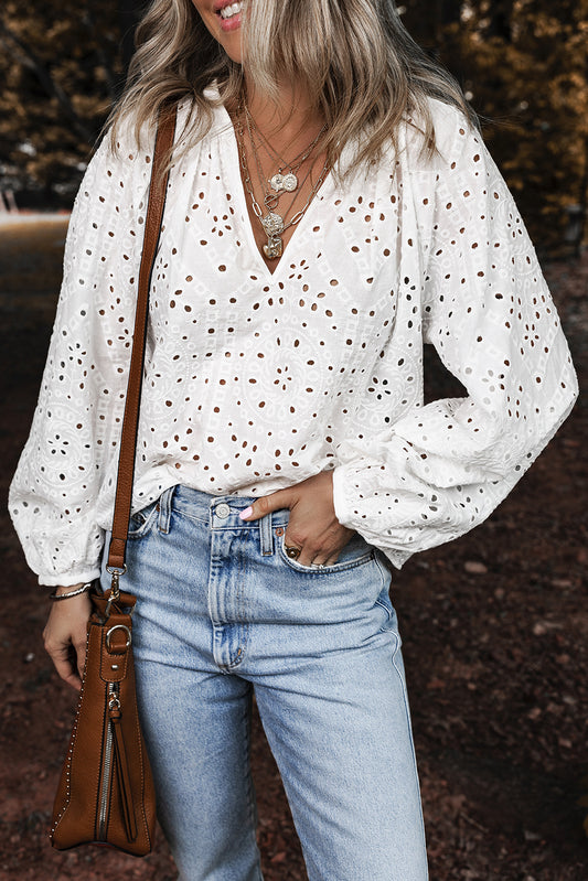 White Eyelet Embroidered Puff Sleeve V Neck Blouse White 100%Cotton Blouses & Shirts JT's Designer Fashion