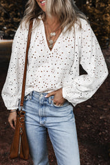 White Eyelet Embroidered Puff Sleeve V Neck Blouse White 100%Cotton Blouses & Shirts JT's Designer Fashion