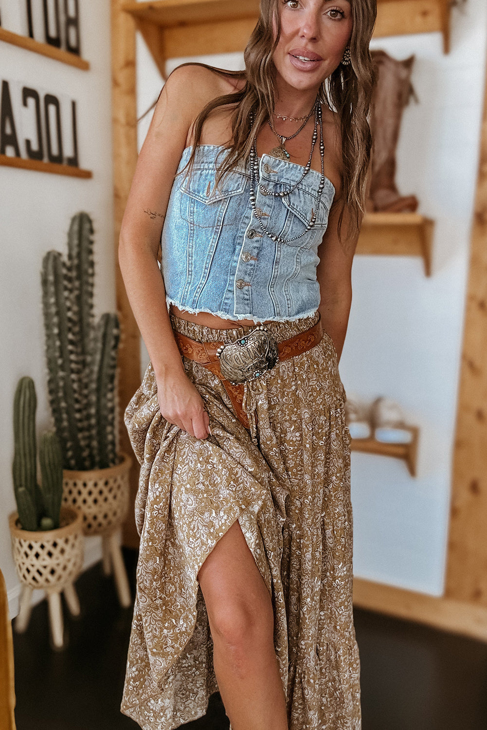 Brown Western Floral Print Ruffled Hem High Waist Loose Maxi Skirt Bottoms JT's Designer Fashion