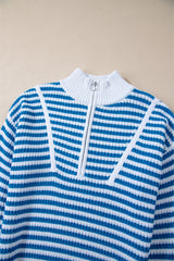Sky Blue Stripe Zip up Collar Drop Shoulder Sweater Sweaters JT's Designer Fashion