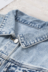 Sky Blue Lapel Distressed Raw Hem Buttons Denim Jacket Denim Jackets JT's Designer Fashion