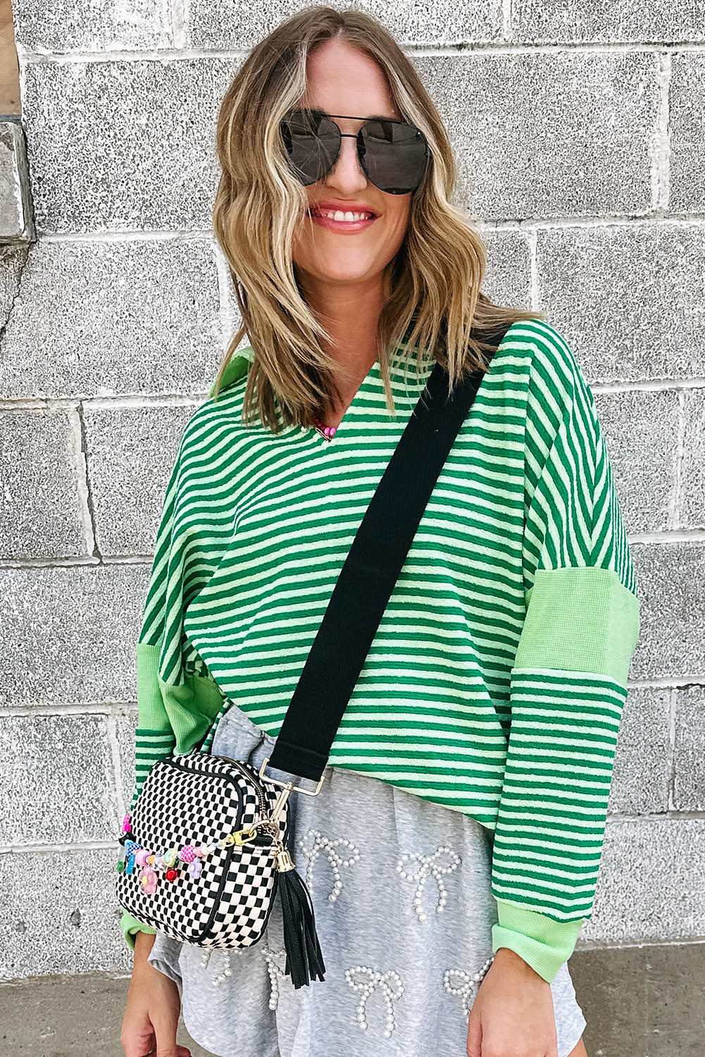 Green Stripe Turn-Down V Neck Patchwork Loose Top Long Sleeve Tops JT's Designer Fashion