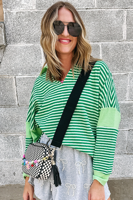 Green Stripe Turn-Down V Neck Patchwork Loose Top Long Sleeve Tops JT's Designer Fashion