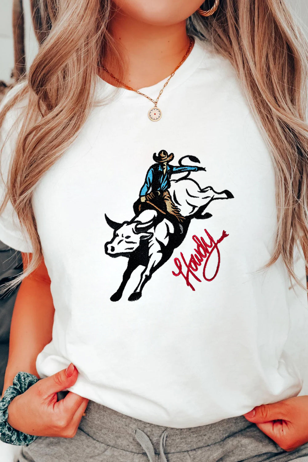 White Cowboy Howdy Embroidered Western Fashion T Shirt Graphic Tees JT's Designer Fashion