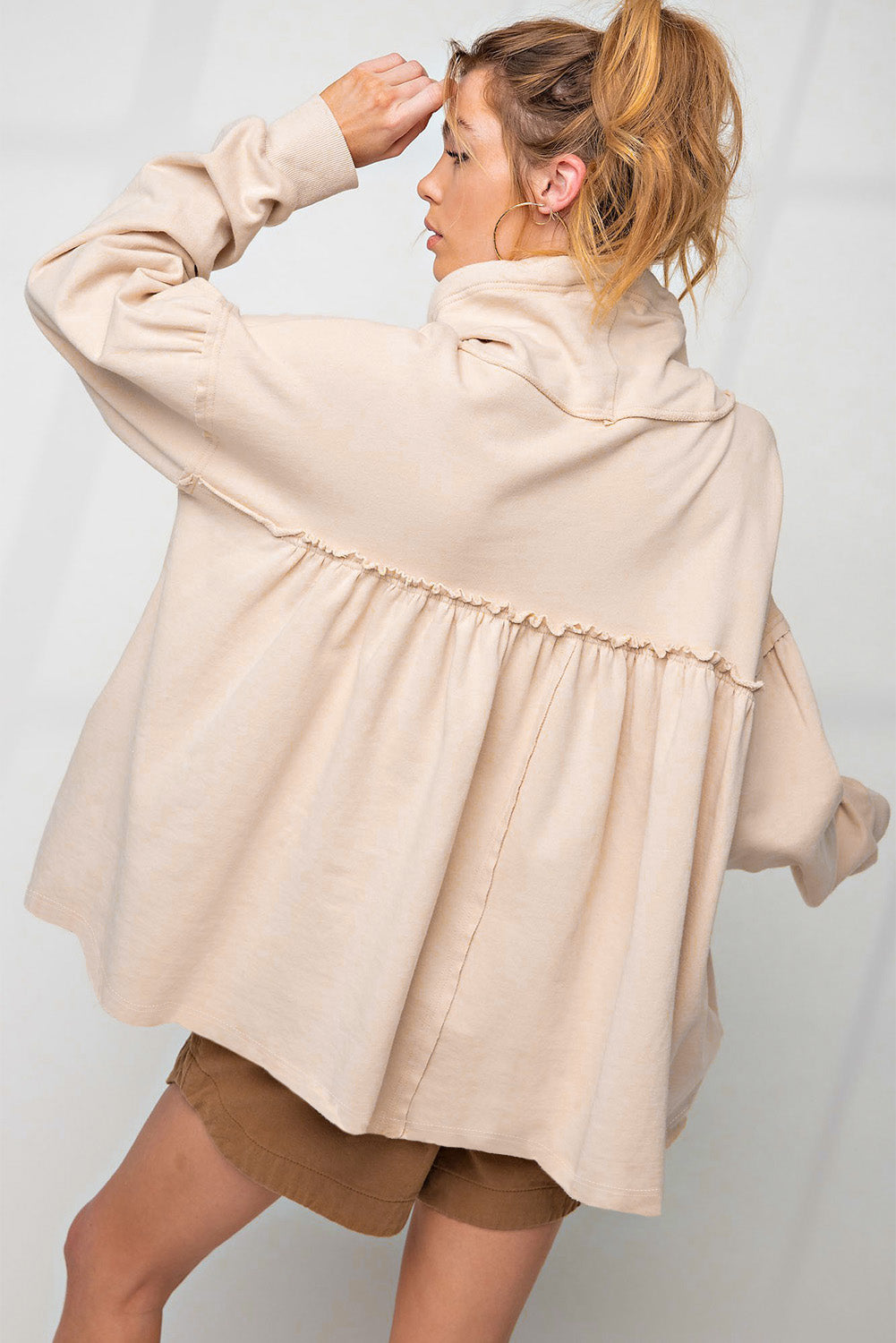 Beige Frill Exposed Seam Cowl Neck Oversized Sweatshirt Sweatshirts & Hoodies JT's Designer Fashion