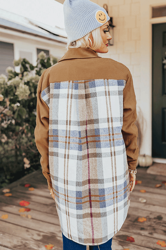 Khaki Plaid Patchwork Long Sleeve Shirt Mini Dress Mini Dresses JT's Designer Fashion