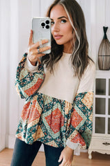 Jet Stream Paisley Geometric Patchwork Crew Neck Loose Fit Top Long Sleeve Tops JT's Designer Fashion