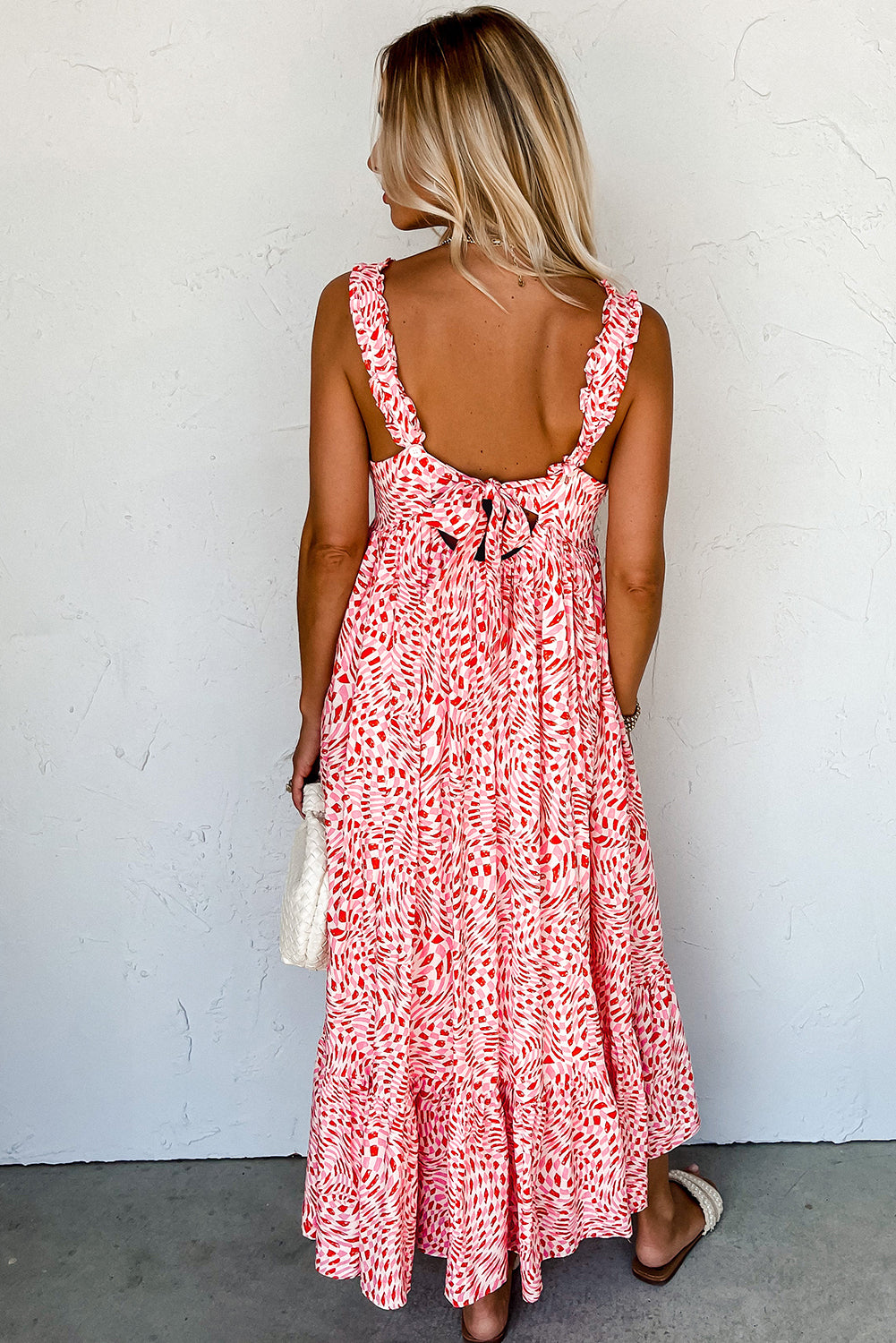 Pink Geometric Print Knot Back Sleeveless Ruffle Hem Dress Midi Dresses JT's Designer Fashion
