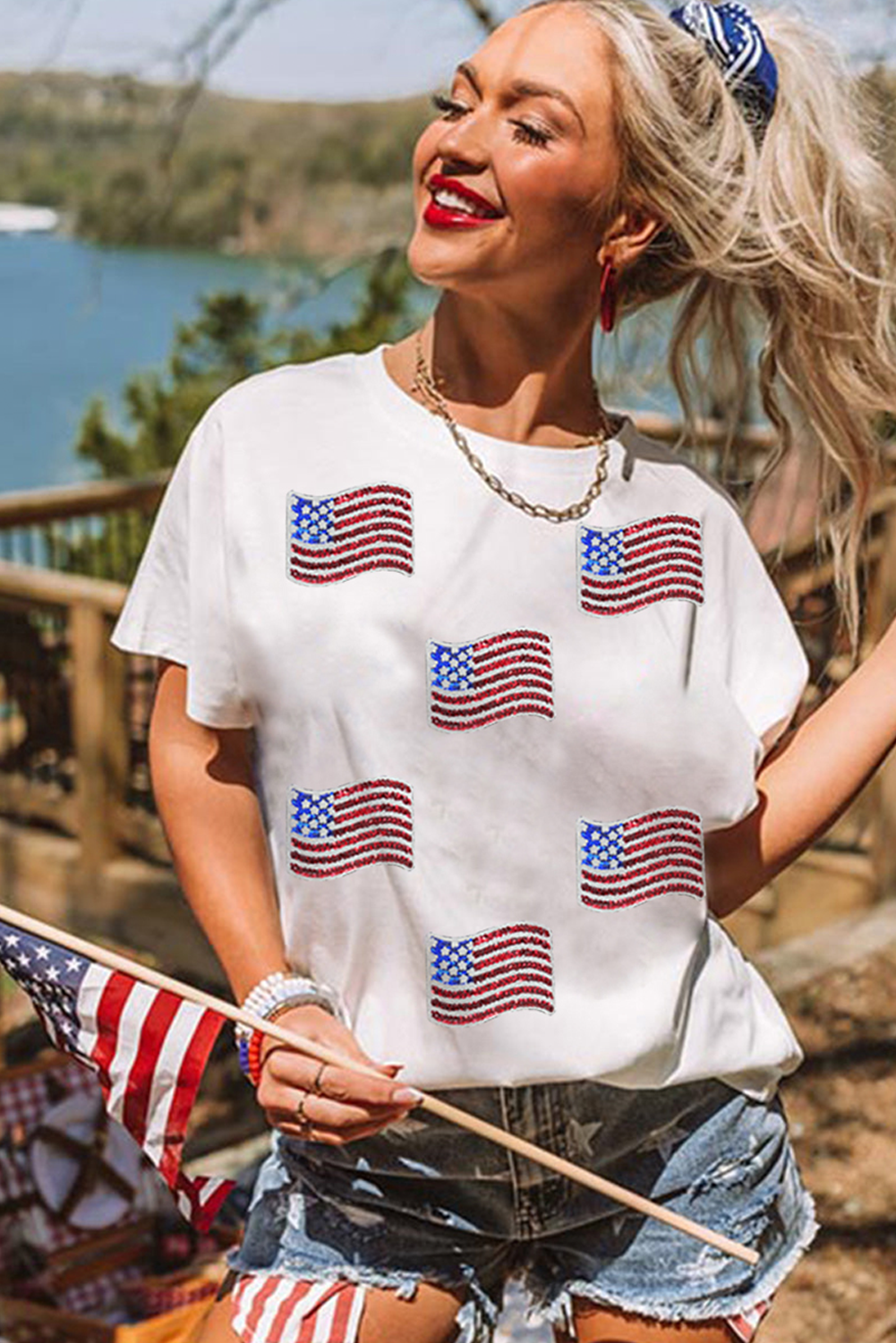 White Sequin American Flag Patched Casual T Shirt Graphic Tees JT's Designer Fashion