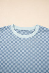 Sky Blue Checkerboard Long Sleeve Pullover and Shorts Set Short Sets JT's Designer Fashion