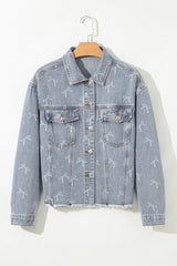 Sky Blue Bow Knot Print Light Wash Raw Hem Denim Jacket Denim Jackets JT's Designer Fashion