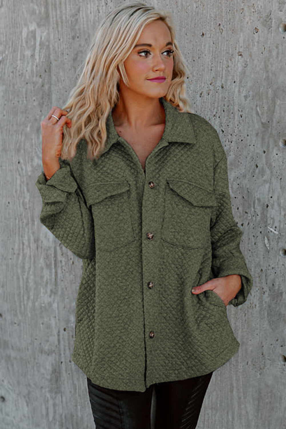 Green Retro Quilted Flap Pocket Button Shacket Jackets JT's Designer Fashion