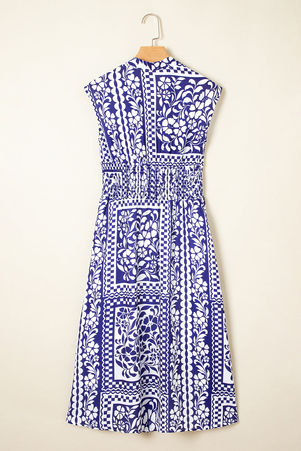 Dirty blue Shirred Waist V Neck Sleeveless Floral Print Long Dress Dresses JT's Designer Fashion