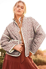 Pink Floral Print Contrast Edge Pocketed Stand Neck Jacket Jackets JT's Designer Fashion