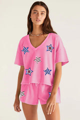 Bonbon Sequin American Flag Star Patch V Neck Tee and Short Set Graphic Sets JT's Designer Fashion