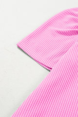 Bright Pink Corded Knit Crew Neck Puff Sleeve Shift Mini Dress T Shirt Dresses JT's Designer Fashion