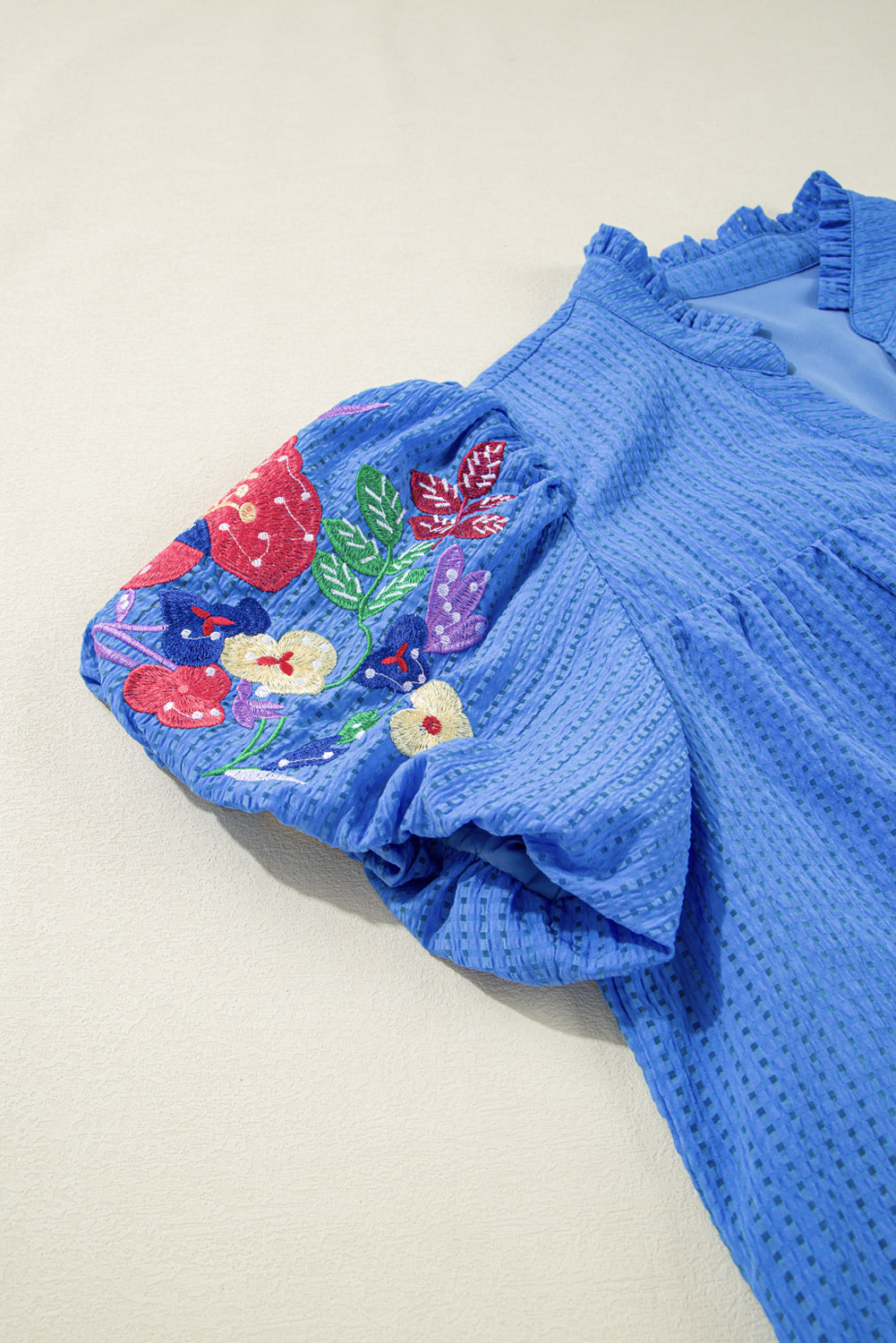 Sky Blue Plus Size Floral Embroidered Puff Sleeve Gingham Mini Dress Plus Size Mini Dresses JT's Designer Fashion