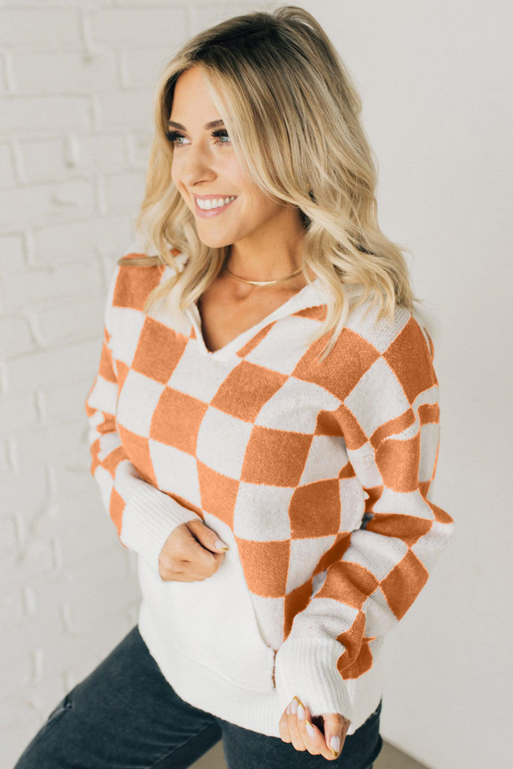 Gold Flame Checkered Split Neck Contrast Kangaroo Pocket Hooded Sweater Sweaters JT's Designer Fashion