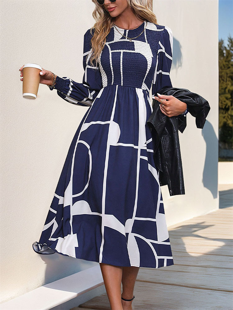 Smocked Color Block Long Sleeve Midi Dress Dark Navy Midi Dresses JT's Designer Fashion