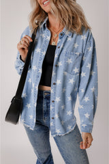 Sky Blue Star Print Light Wash Raw Hem Denim Jacket Denim Jackets JT's Designer Fashion