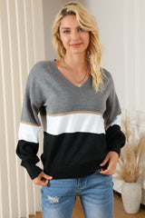 Gray Colorblock V Neck Sweater Sweaters & Cardigans JT's Designer Fashion