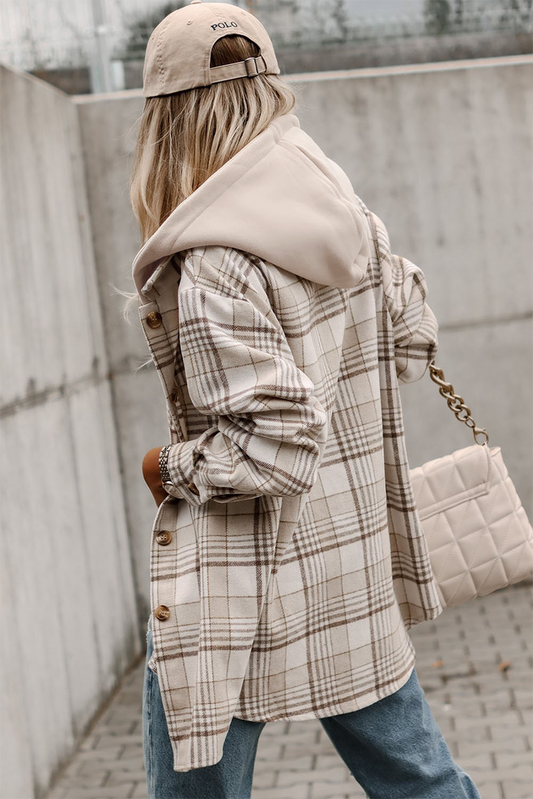 Khaki Plaid Removable Hood Buttoned Shacket Plaid Shackets JT's Designer Fashion