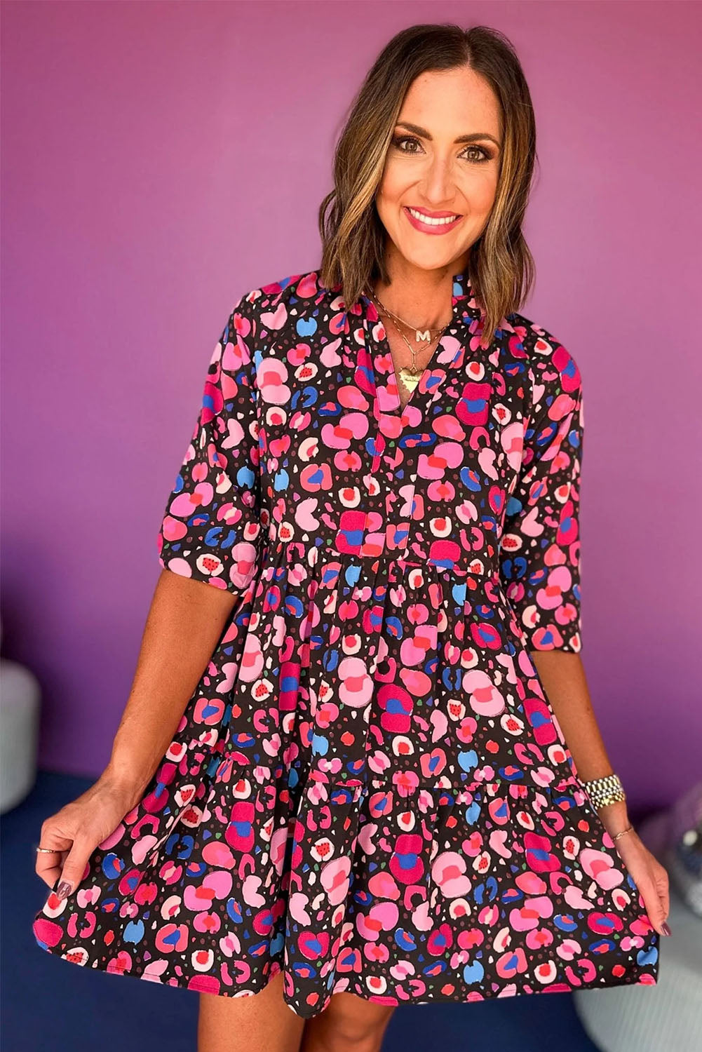 Rose Abstract Print V Neck Collared Half Sleeve Short Dress Dresses JT's Designer Fashion