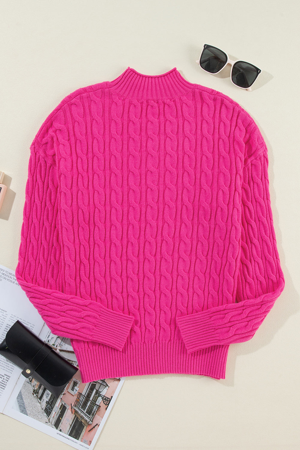 Rose Red Solid Cable Knit High Neck Drop Shoulder Sweater Sweaters JT's Designer Fashion