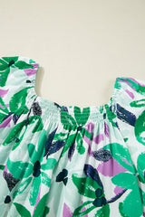 Green Floral Print Shirred Square Neck Loose Fit Mini Dress Floral Dresses JT's Designer Fashion