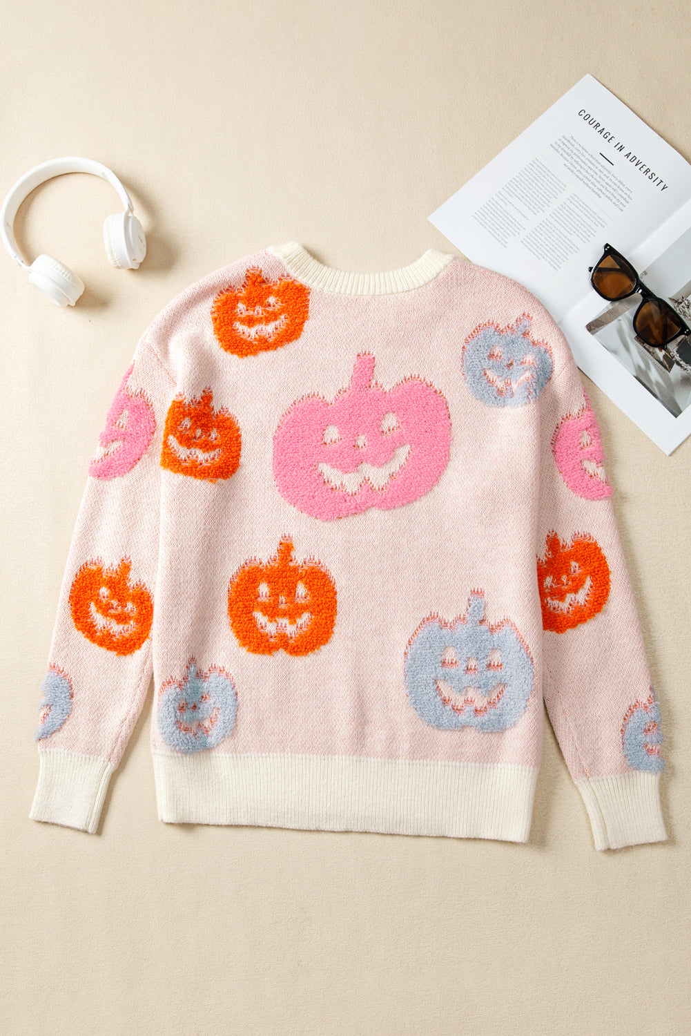 Beige Halloween Cute Pumpkin Pattern Sweater Sweaters JT's Designer Fashion