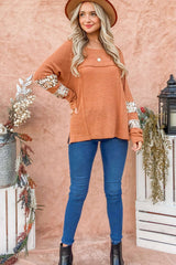 Apricot Leopard Splicing Exposed Seam Waffle Knit Top Long Sleeve Tops JT's Designer Fashion