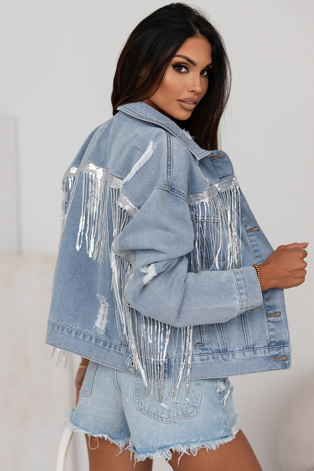 Sky Blue Sequin Embellished Fringe Distressed Denim Jacket Denim Jackets JT's Designer Fashion