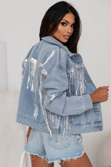 Sky Blue Sequin Embellished Fringe Distressed Denim Jacket Denim Jackets JT's Designer Fashion