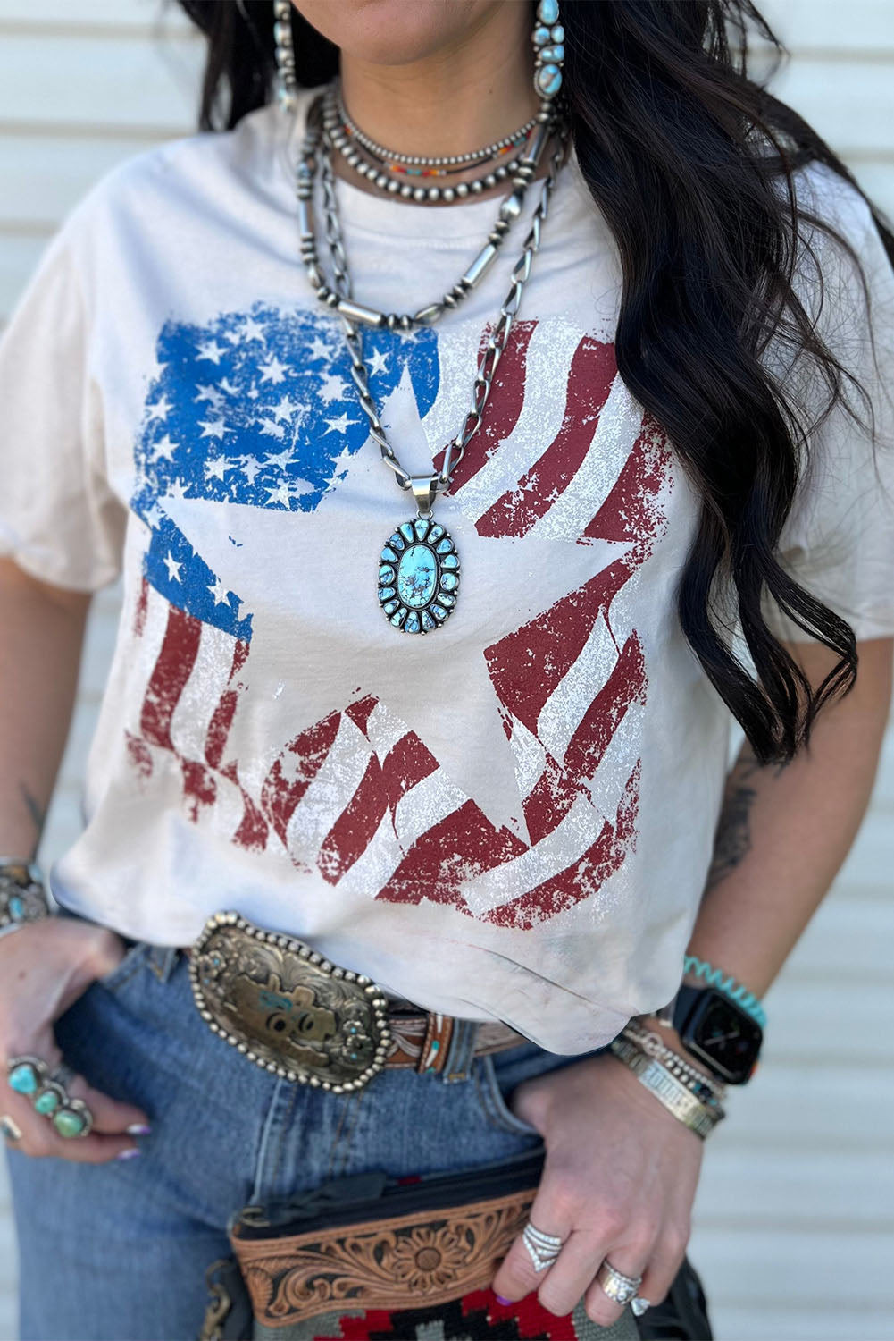 White American Flag Star Graphic Crew Neck T Shirt White 95%Polyester+5%Elastane Graphic Tees JT's Designer Fashion