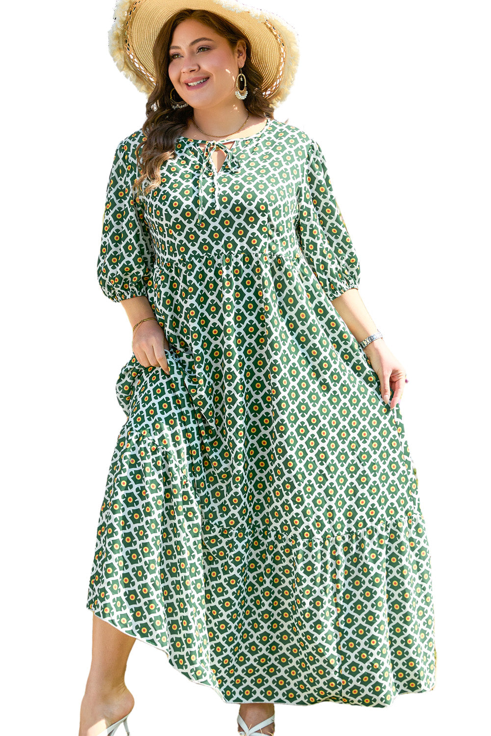 Green Geometric Floral Print Half Sleeve Plus Size Maxi Dress Plus Size Maxi Dresses JT's Designer Fashion