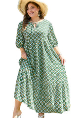 Green Geometric Floral Print Half Sleeve Plus Size Maxi Dress Plus Size Maxi Dresses JT's Designer Fashion
