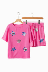 Rose Red Waffle Sequin American Flag Star Graphic 2 Piece Shorts Set Graphic Sets JT's Designer Fashion