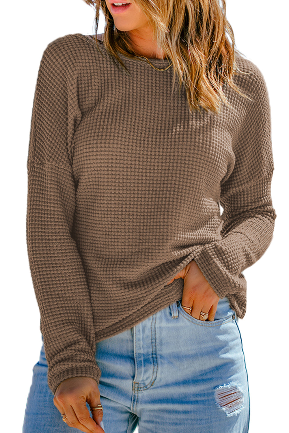 Dark Brown Waffle Knit Drop Shoulder Long Sleeve Top Long Sleeve Tops JT's Designer Fashion