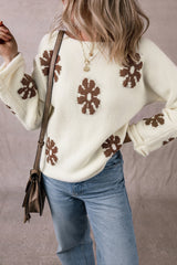 White Colorblock Floral Pattern Round Neck Sweater Sweaters JT's Designer Fashion