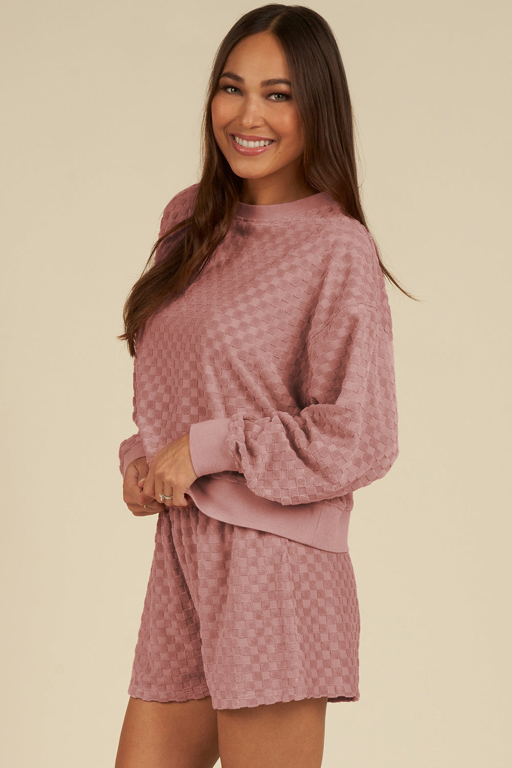 Blossom Checkered Textured Long Sleeve Top and Shorts Set Short Sets JT's Designer Fashion