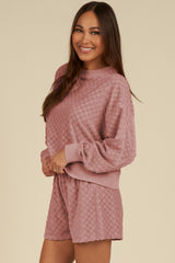 Blossom Checkered Textured Long Sleeve Top and Shorts Set Short Sets JT's Designer Fashion
