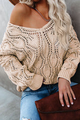 Apricot Crochet Knit Ribbed Hem Hollow-out Sweater Sweaters JT's Designer Fashion