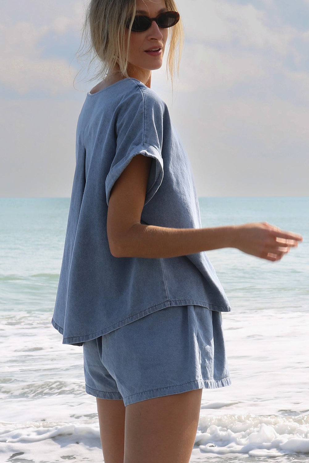 Light Blue Denim Cuffed Sleeve Tee Elastic Shorts Set Short Sets JT's Designer Fashion