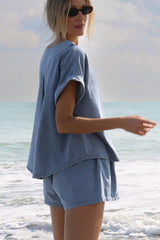Light Blue Denim Cuffed Sleeve Tee Elastic Shorts Set Short Sets JT's Designer Fashion