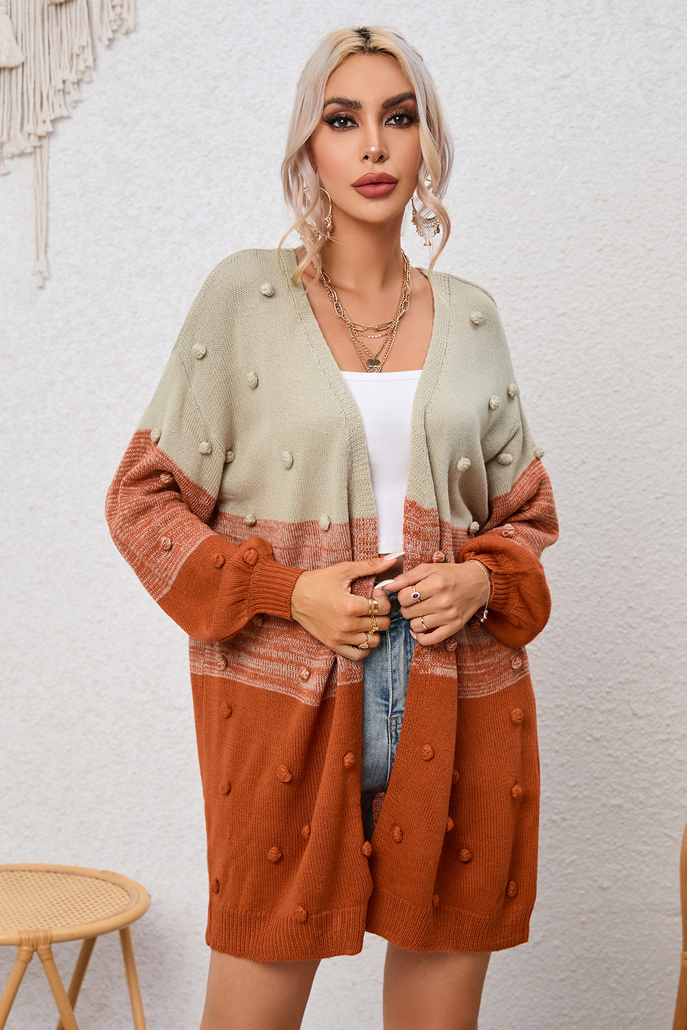 Brown Pompom Color Block Open Front Cardigan Sweaters & Cardigans JT's Designer Fashion