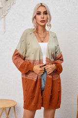 Brown Pompom Color Block Open Front Cardigan Sweaters & Cardigans JT's Designer Fashion